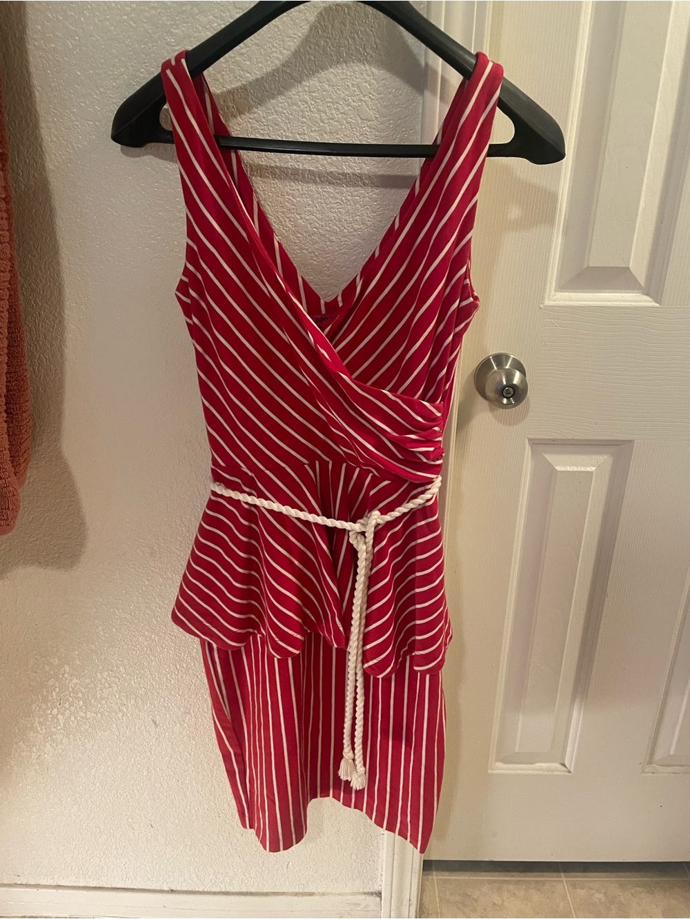 Betsey Johnson Red and White Striped Midi Peplum Dress with Rope Belt